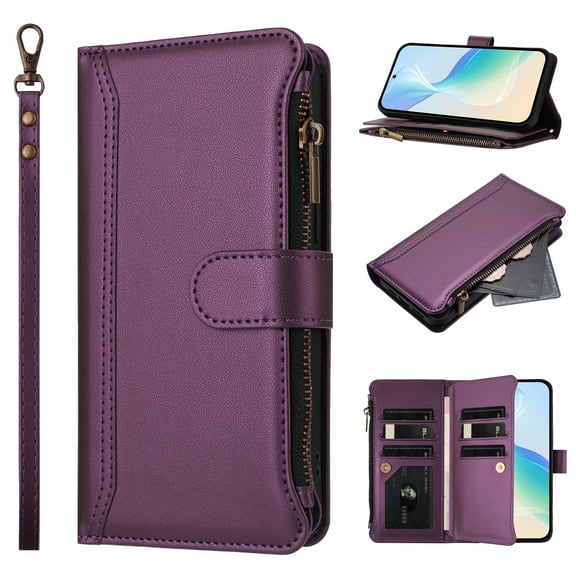 for Motorola Moto G Stylus 5G 2025 Flip Wallet Case, PU Leather Protective Rugged Cover with Card Slots Zipper Pocket Shock-Absorbent Kickstand Magnetic Lanyard & Shoulder Strap, Darkpurple