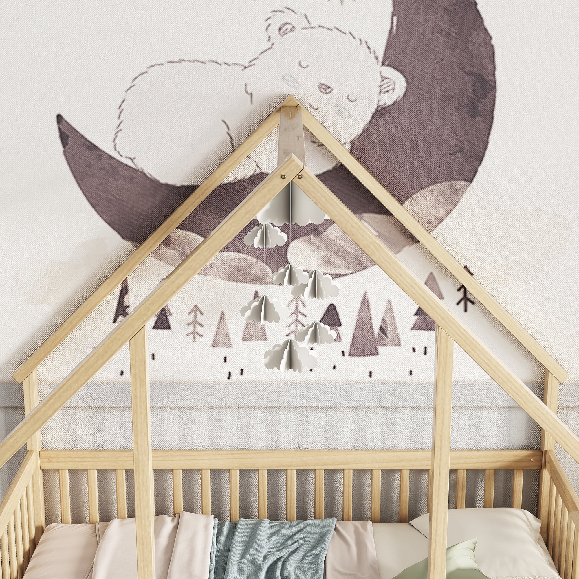 Miniyam Wood Full Size House-Shaped Floor Bed with Guardrails for Kids, Natural
