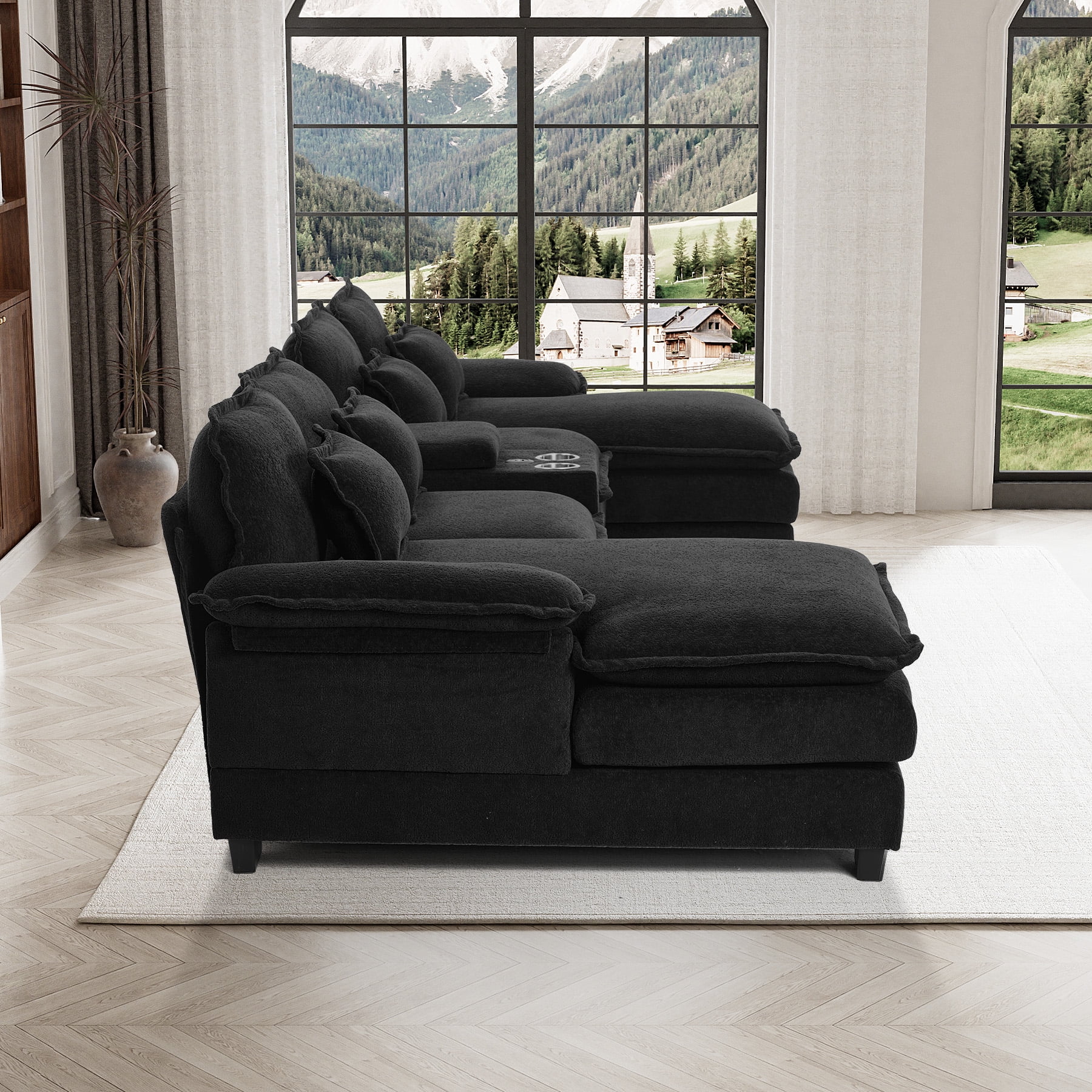 Wiilayok U Shaped Cloud Couch Modular Sectional Sofa 124" Extra Deep Fluffy Chenille Double Chaise Lounge, Central Console w/ Dual USB-C & A Ports, Midnight Black