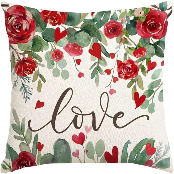 Valentine Red Rose Pillow Covers 18x18 Inch, Love Heart Romantic Holiday Party Farmhouse Outdoor Lumbar Cushion Cases Valentines Decoration for The Home Sofa Couch (White, 18" x 18")