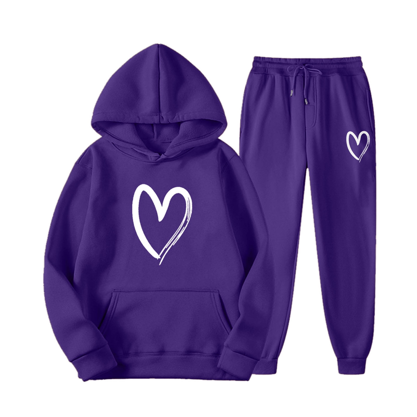 Winter Women's Hooded Sweatshirt Set – Loose Fit Heart Print Plus Velvet Tracksuit, Casual Snow Suit For Women, Cozy Two-Piece Outfit