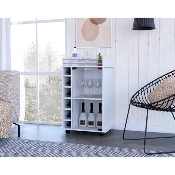 White Bar Cart With Two Shelves, Glass Door, Four Locking Wheels, Spacious Metal-railed Top, Accommodates 6 Liquor Bottles Cart: Lock, Top Surface, Holds