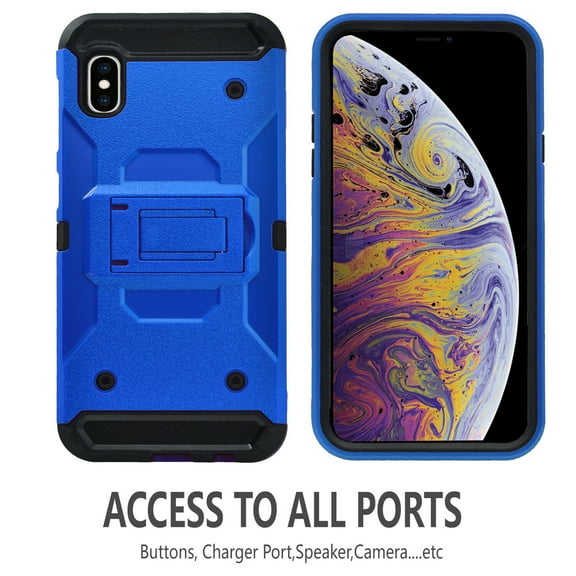 iPhone X/ XS Case, STARSHOP Full Cover Heavy Duty Dual Layers Phone Cover with Kickstand and Locking Belt Clip-Blue