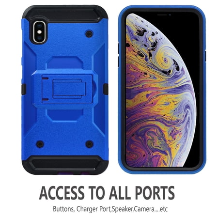 iPhone Xs Max Case, STARSHOP Full Cover Heavy Duty Dual Layers Phone Cover with Kickstand and Locking Belt Clip-Blue