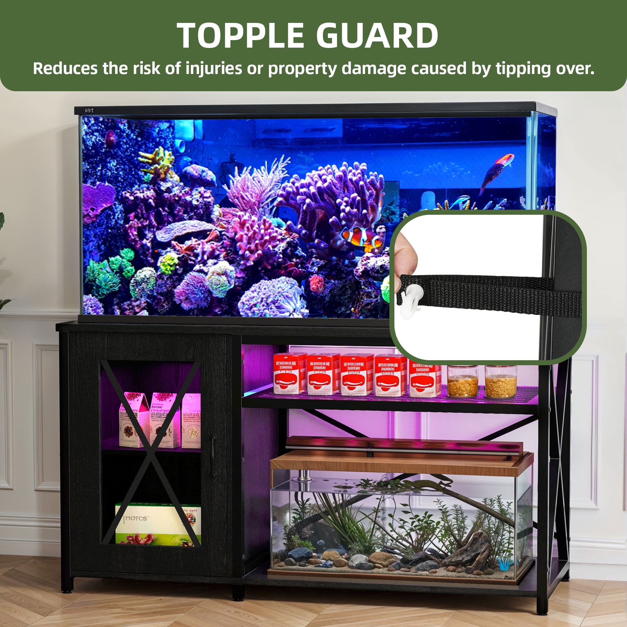 Uforic Heavy Duty Metal Aquarium Stand for 55-75 Gallon Tanks with LED Lights & Power Outlets - Black