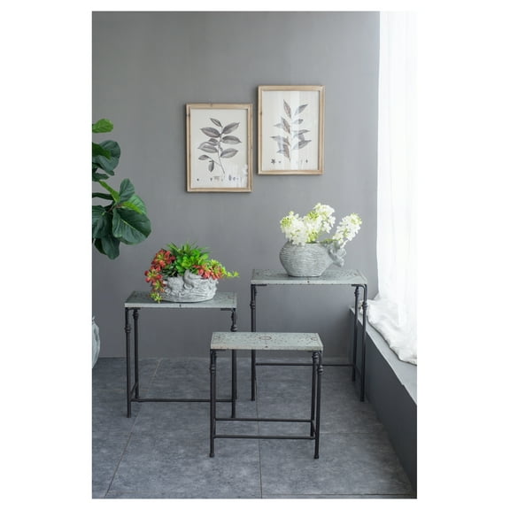 Nesting Tables Set of 3, Metal Accent Tables - Galvanized Top & Iron Base - Plant Stands, Side Tables for Living Room, Entryway - 24x14x26, 21.5x11.5x23, 19x9x20 inches Antique Gray   Iron