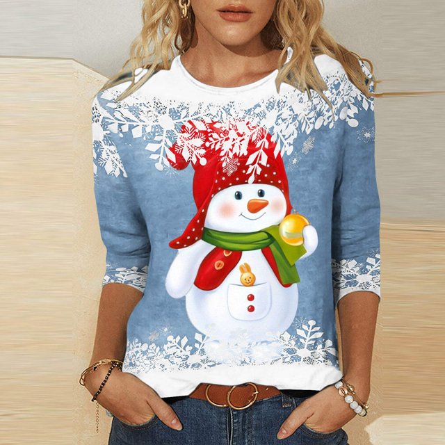 FcBaudy Hauts pour Femmes, Blouses et Chemises à Manches Longues et Col Rond, T-Shirts Imprimés Mode pour Femmes, Blouse Ample Manches 3/4 Col Rond Décontracté
