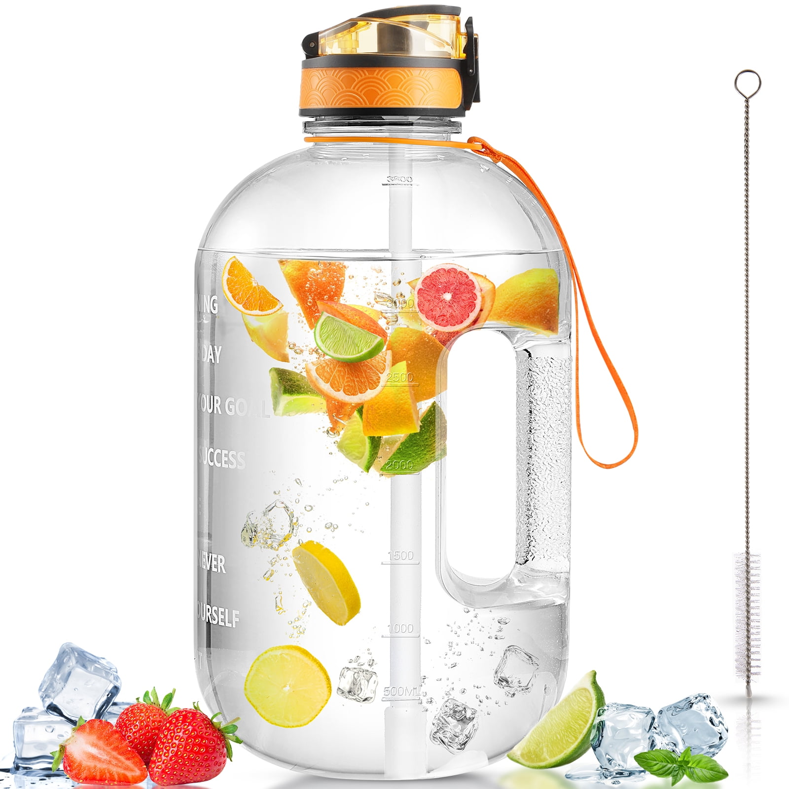 Hommie 1 Gallon Water Bottle with Straw, Handle, Time Marker, 128 oz 04 Transparent