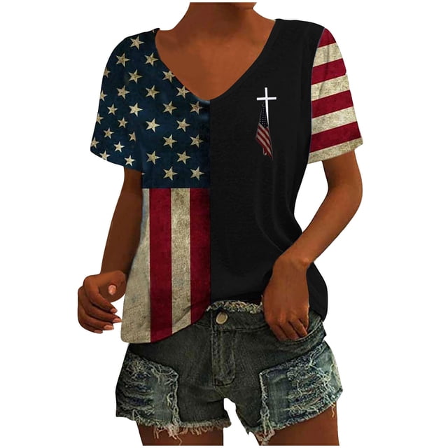 Tops Cortos para las Mujeres Día de la Independencia Patriótica Impreso Cuello en V, Manga Corta Top Casual para Diario, Fiesta Y Todas las Estaciones