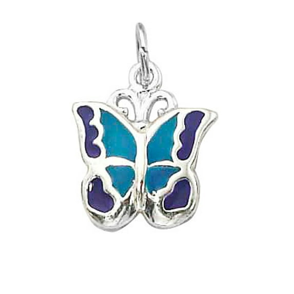 Sterling Silver 24" 1mm Box Chain Enameled Blue Purple Butterfly Pendant Necklace