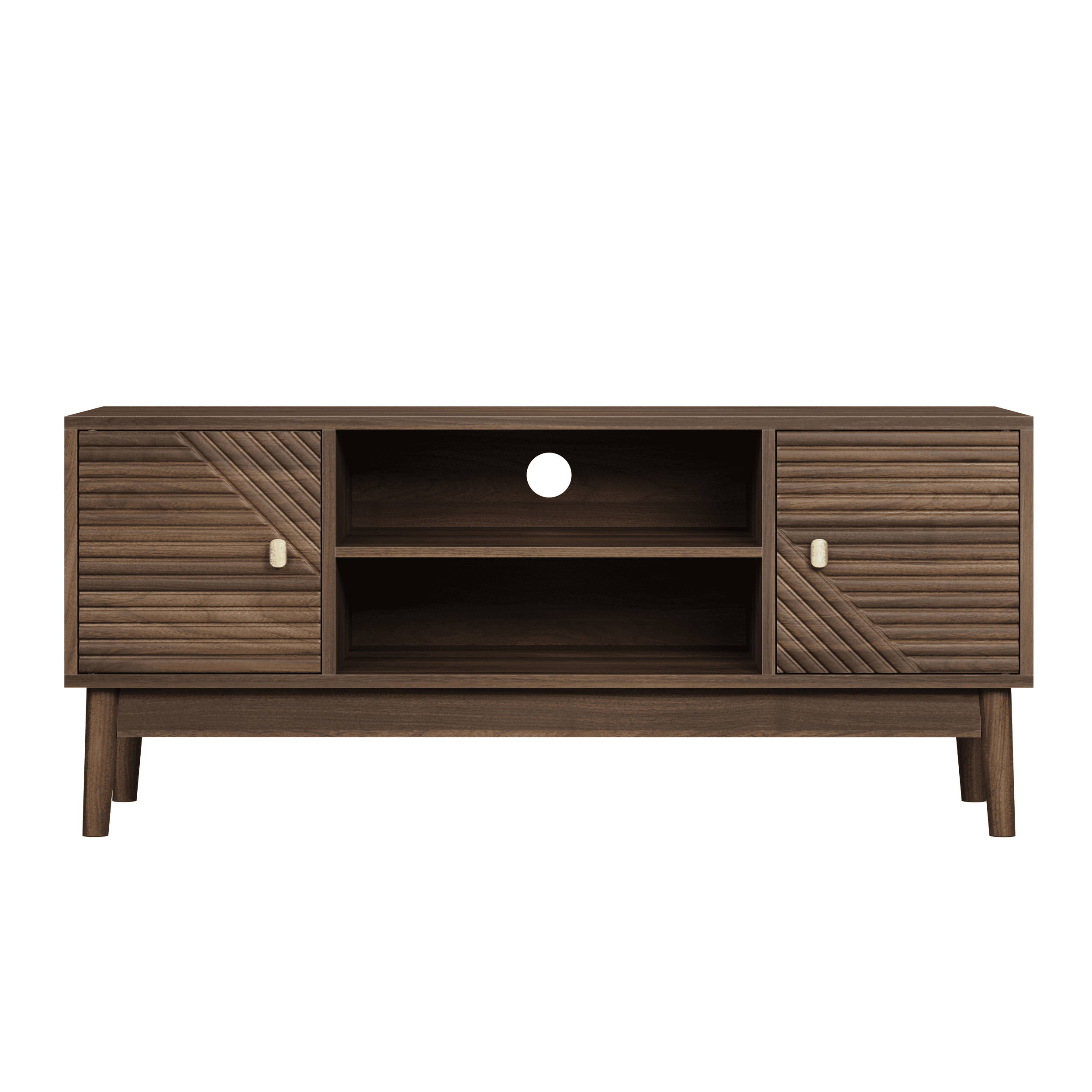 TV Stand, 43 Inch Mid-Century Modern Media Console with Open Storage and Cable Management Holes, Wood Construction for Living Room, Walnut Finish