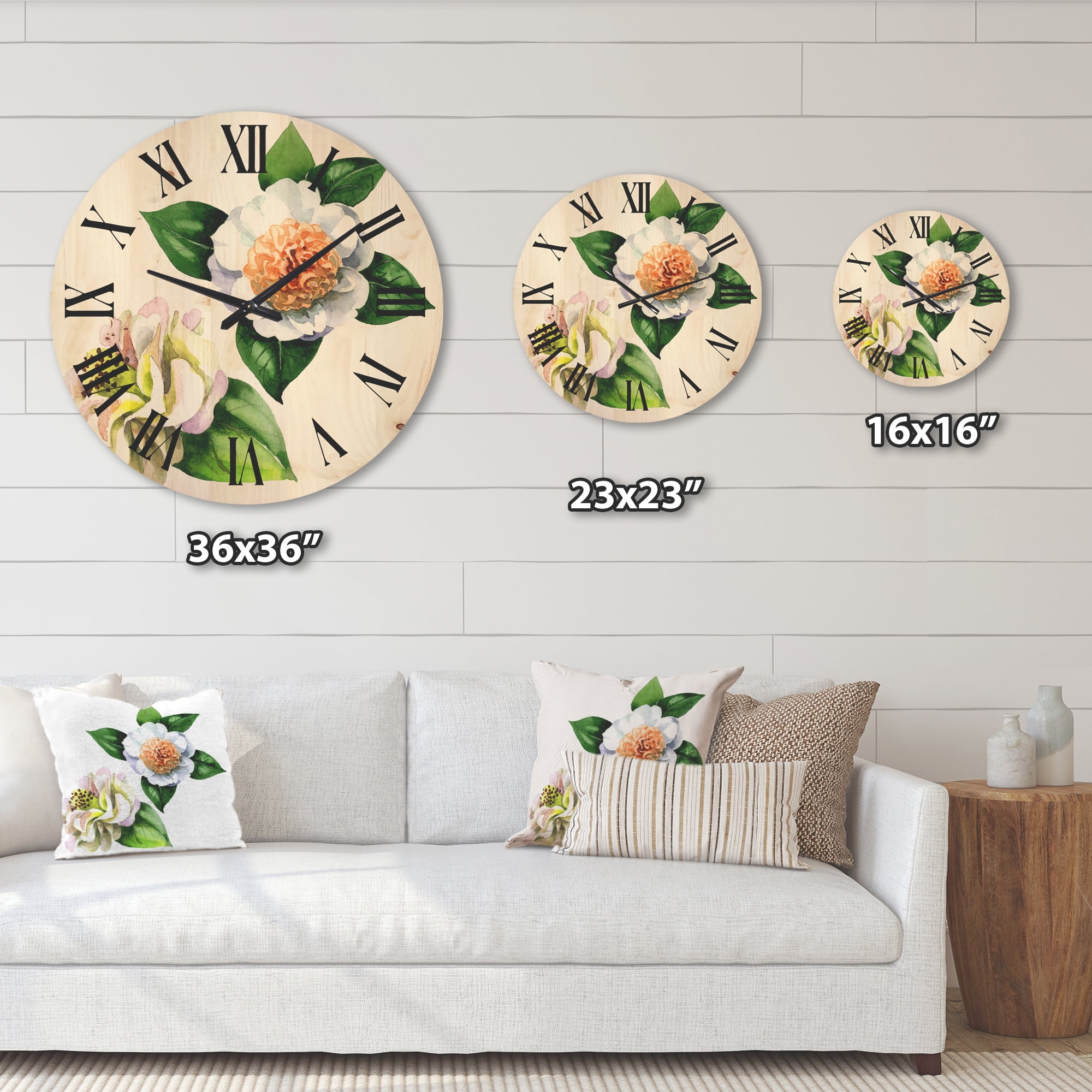 Designart 'Ancient White Camellia Flowers With Green Leaves' Traditional Wood Wall Clock
