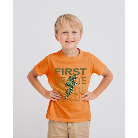 First Grade Camo Lightning Bolt T-Shirt for Boys – Back to School Graphic Tee