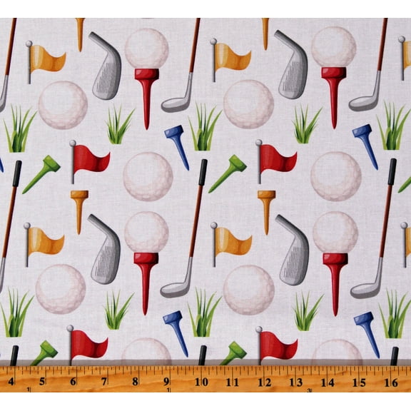 Cotton Golf Golfballs Golf Clubs Tees Flagstick Sports White Cotton Fabric Print by the Yard (116253)