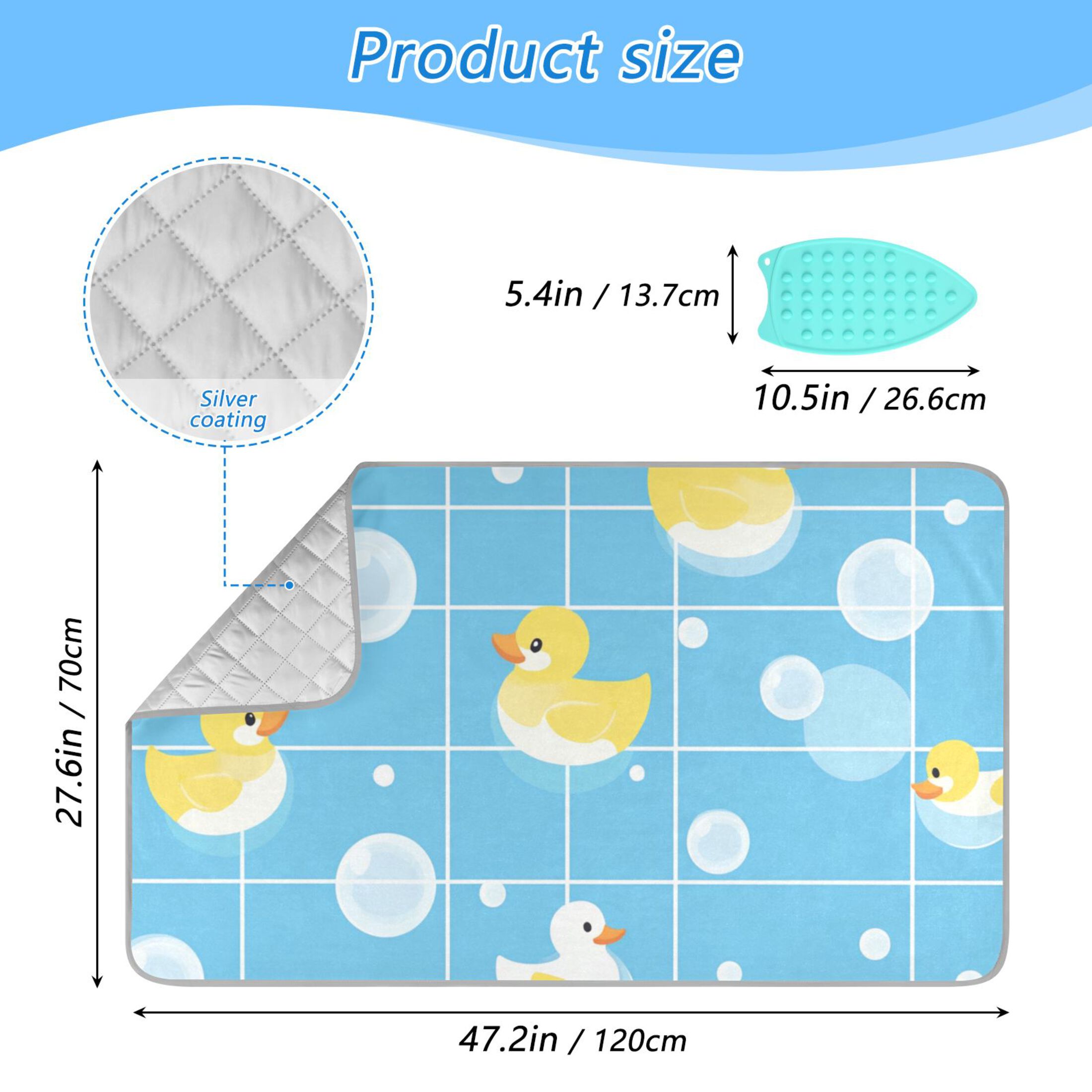 Blue Plaids Rubber Ducks Bubbles Ironing Mat Blanket Portable Travel Ironing Pad Heat Resistant Pad 47.2" x 27.6”