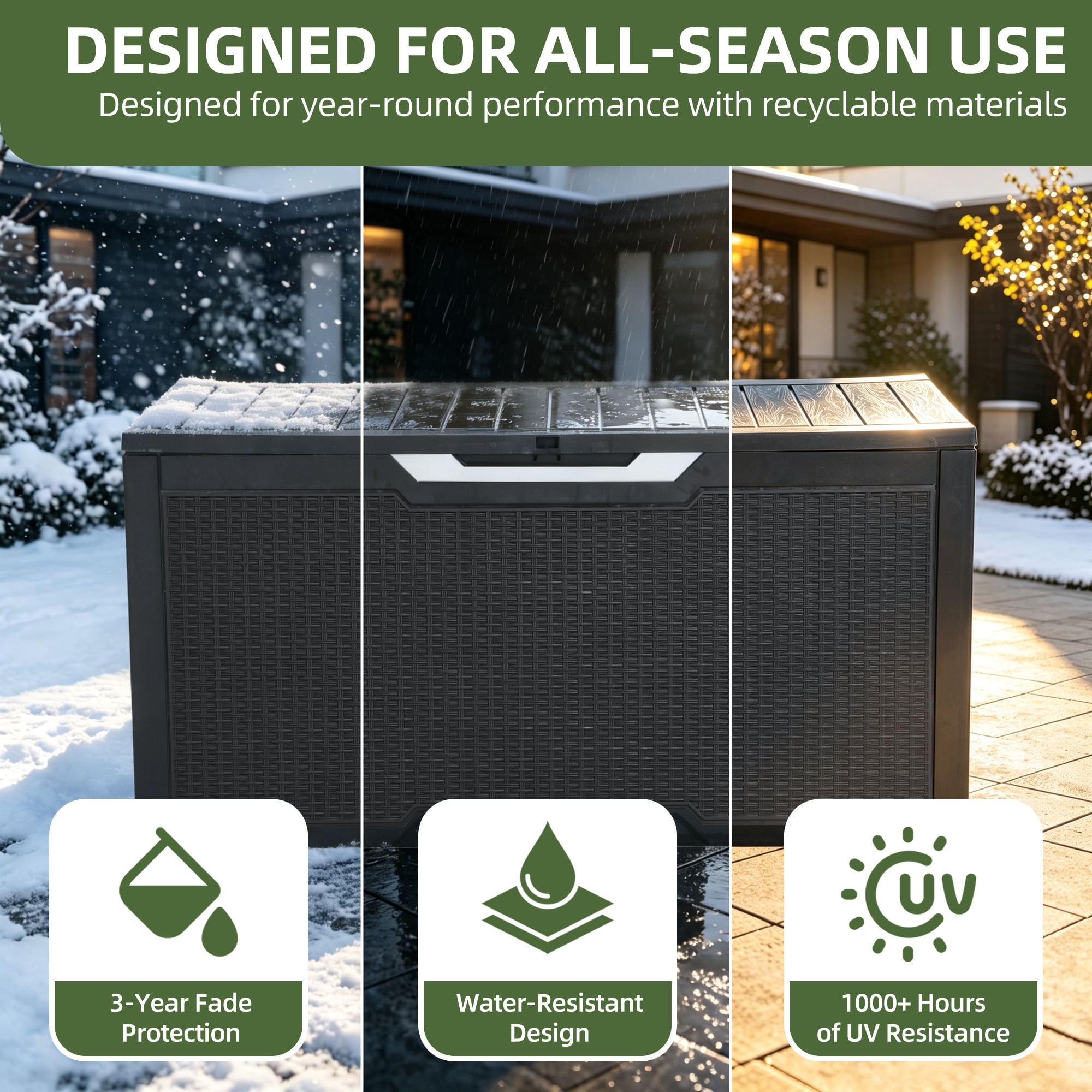 Uforic Rattan Deck Box, 80 Gallon Weatherproof Lockable Resin Outdoor Storage Box for Patio Cushions Garden Tools Equipment, Black