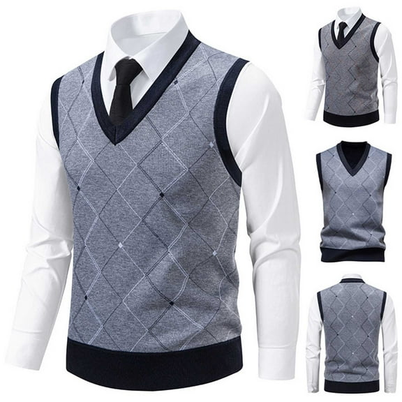 RYDCOT Mens Plaid British Style Argyle Sweater Vests Classic V-Neck Knitwear Sleeveless Pullover Fall Winter Warm Tank Tops Gray