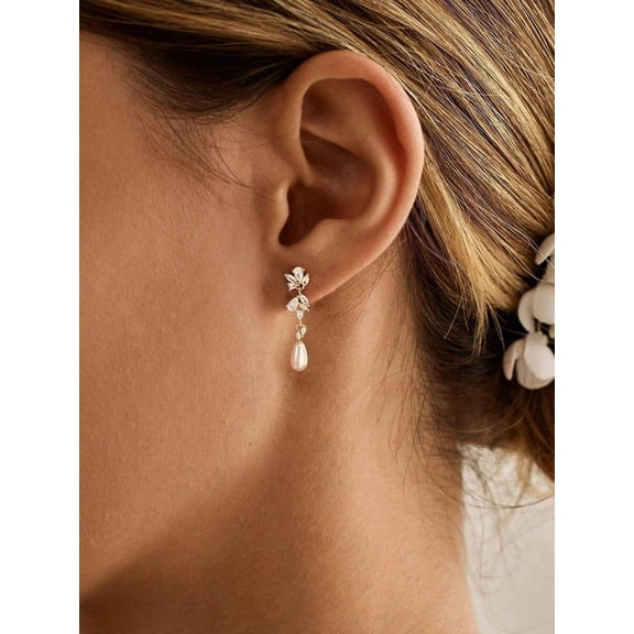 Silver Gold-3 Floral CZ Drop Earrings With Teardrop Pearl, Fashion Jewelry