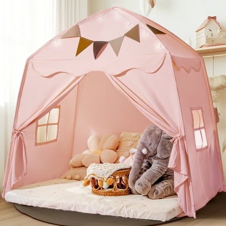 Extra Large Toddler Bed Tent & Kids Play Tent Bed Tent with Flags & Star Lights Portable & Foldable Teepee Indoor Outdoor Dome Tent Playhouse 59x39x59 in Pink