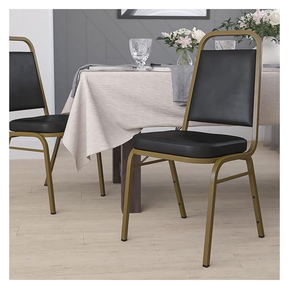 Trapezoidal Back Vinyl Stackable Banquet Chair, Multipurpose Stacking Chair with Padded Seat and Back, Black/