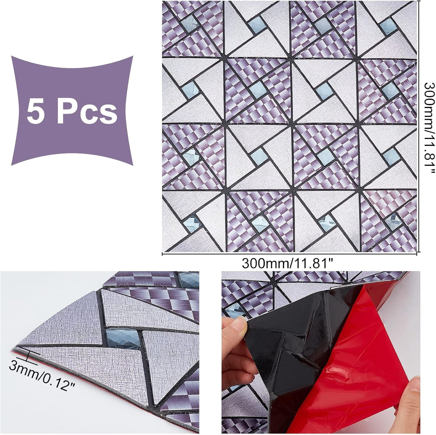 5 Pcs Glass Mirrors Mosaic Tiles Self-Adhesive Mosaic Peel Geometric Patterns Backsplash Tile for Home Decoration or Crafts 11.8"x11.8" Blue DIY