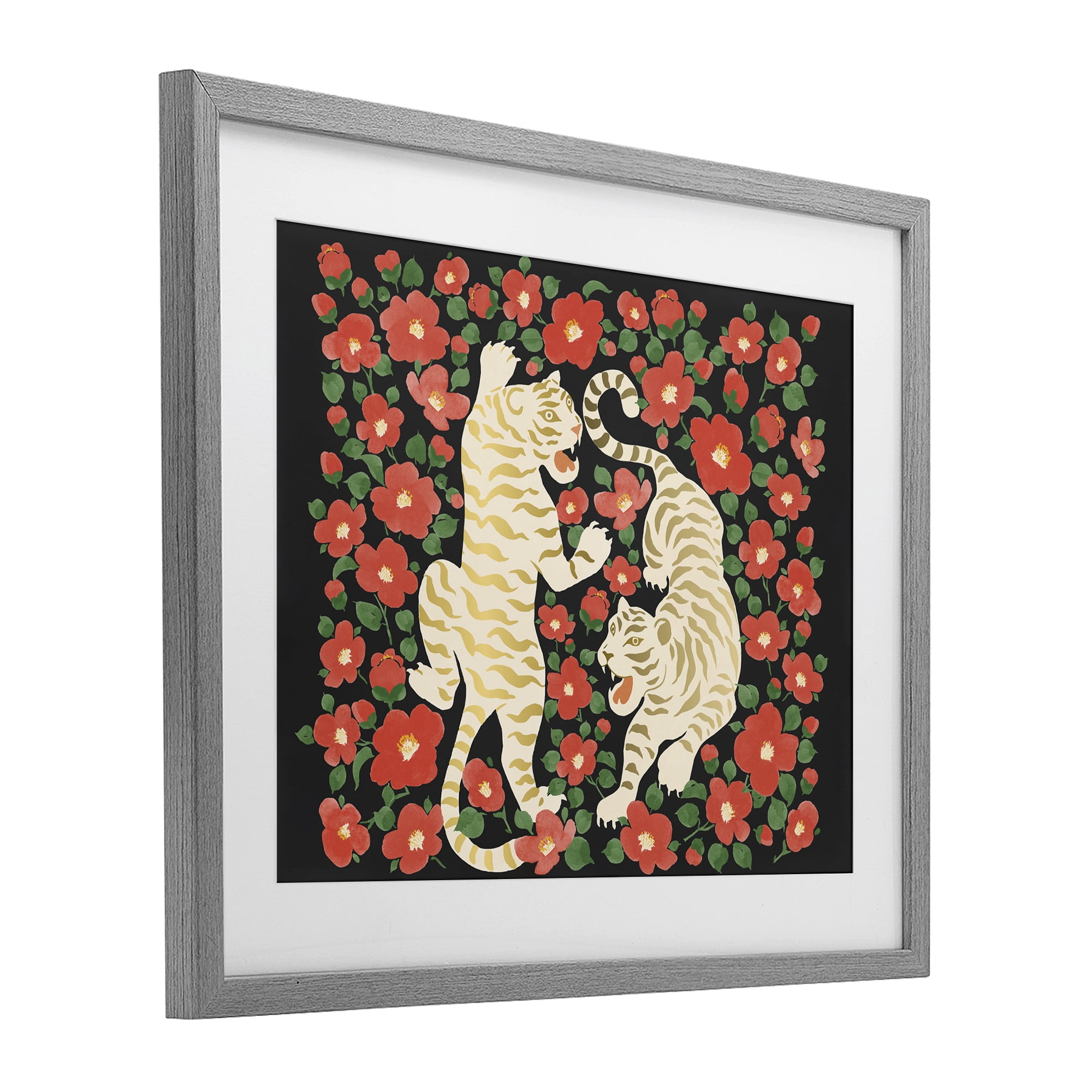 Stupell Industries Ivory Twin Tigers Among Flowers Gray Framed Print Under Glass, design by Karolina Sato