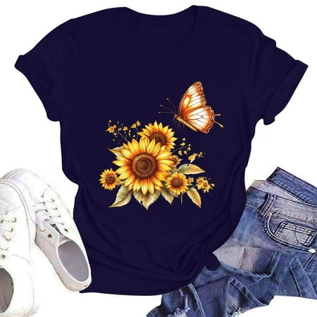 NAMTYQX Plus Size Blouses for Women Plus Size Relaxed Fit Short Sleeve Muster Breathable Crewneck Patterned Stretch Cute Graphic Tees for Women Navy Size S