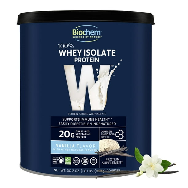 Biochem Whey Protein Isolate Powder - Vanilla Flavor, 20 Grams per Serving, Sourced from Grass Fed Cows, Non-GMO, Vegetarian, No Artificial Flavors or Sweeteners - Supports Muscle Mass & Performance