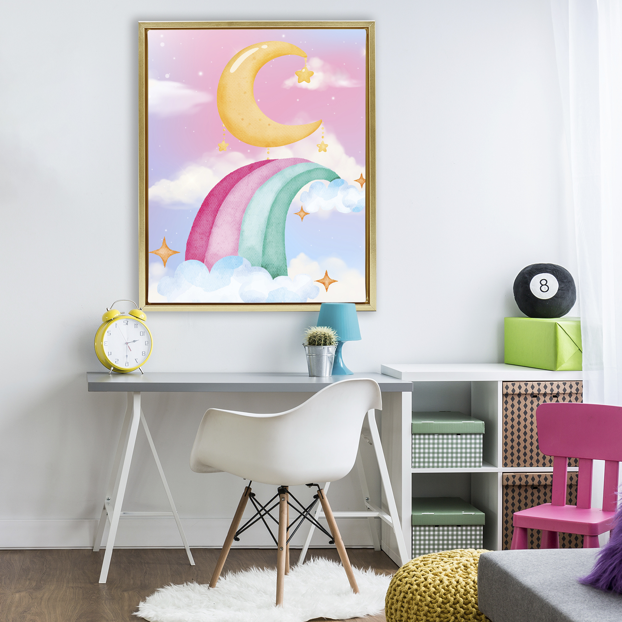 Moon Rainbow in Clouds Gold Framed Floater Canvas Wall Art, design by Jesse Keith