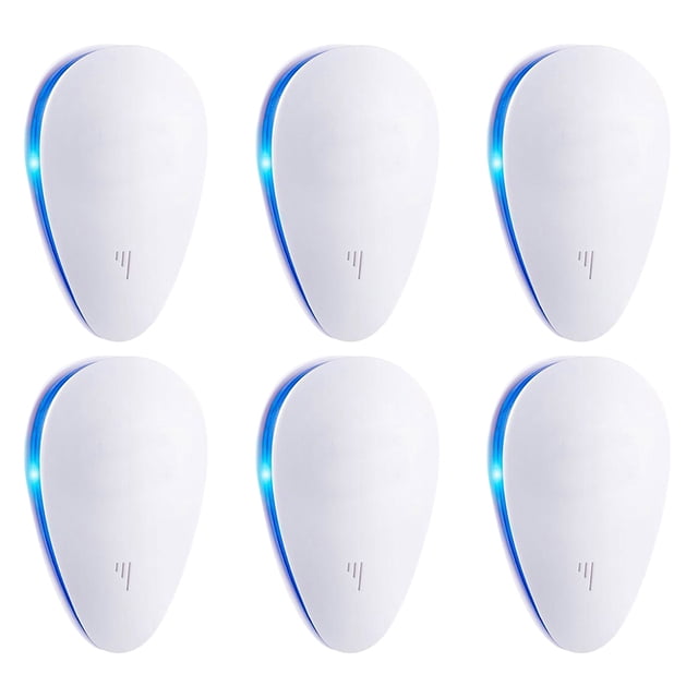 Repelente Ultrasónico de Plagas, 6 Piezas, Control Eficaz de Ratones, Cucarachas y Mosquitos, Frecuencia Variable 24-64 KHz, Voltaje 90-250V, Diseño Compacto y Seguro para el Hogar.