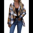 thumbnail image 2 of Chaqueta de Solapa A Cuadros con Abertura Frontal para Mujer, Camisas de Larga para Mujer, Chaquetas Ligeras Informales para Otoño. Café XXL, 2 of 9
