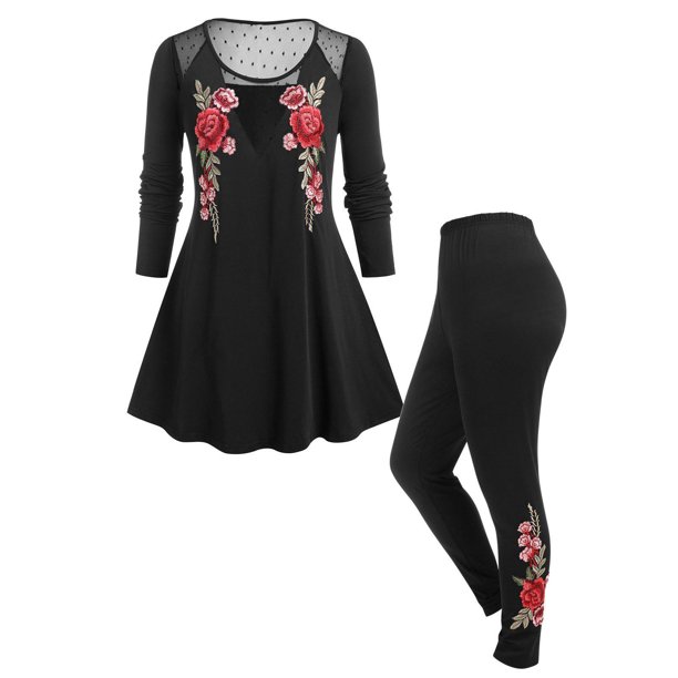 Conjunto de Pijama de Talla Extra de Panel de Malla de Flores con Aplicación Rosegal Pijamas y Batas Tallas Grandes