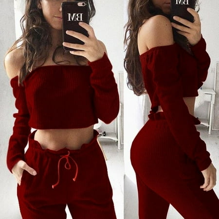 - 2pcs Women Crop Top Blouse Off Shoulder Shirt Pants Leggings Trouser Outfit