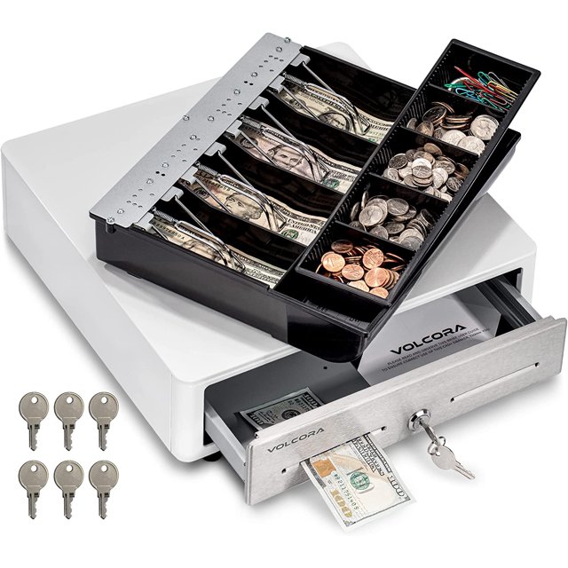 - Cajón electrónico de caja registradora de 14 pulgadas para de punto de venta (POS) con quinas redondas, panel frontal de acero inoxidable, totalmente extraíble de 2 nivel, 4