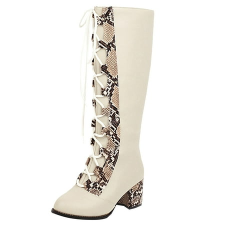 

Fsqjgq Women s Boot Socks Knee High Beige and Black Pu Lace Up Boots Autumn and Winter Women Boots Fashion Boots Thigh High Flat Boots Beige 40