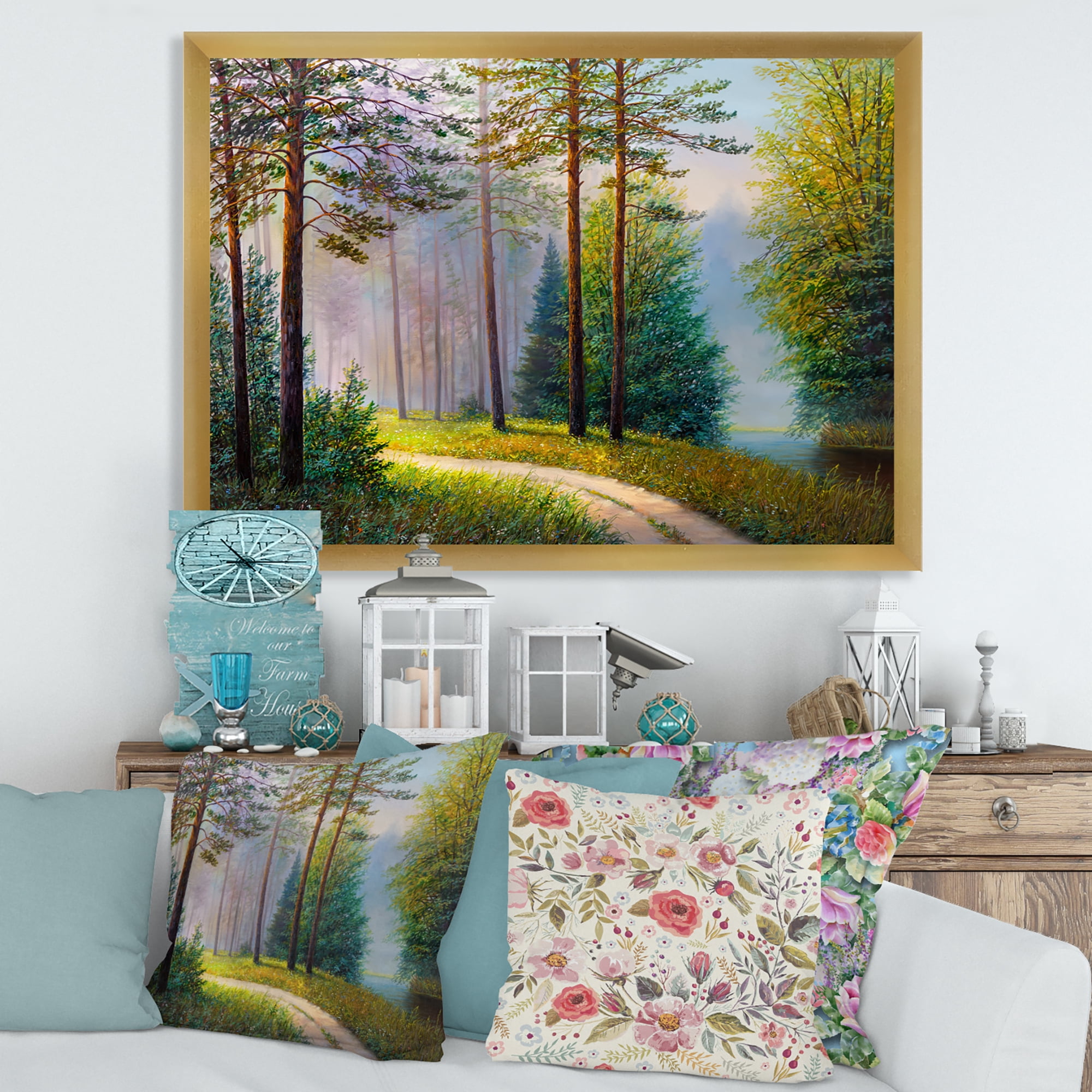 Designart 'Subtle Sunset Light Through The Trees II' Lake House Framed Art Print