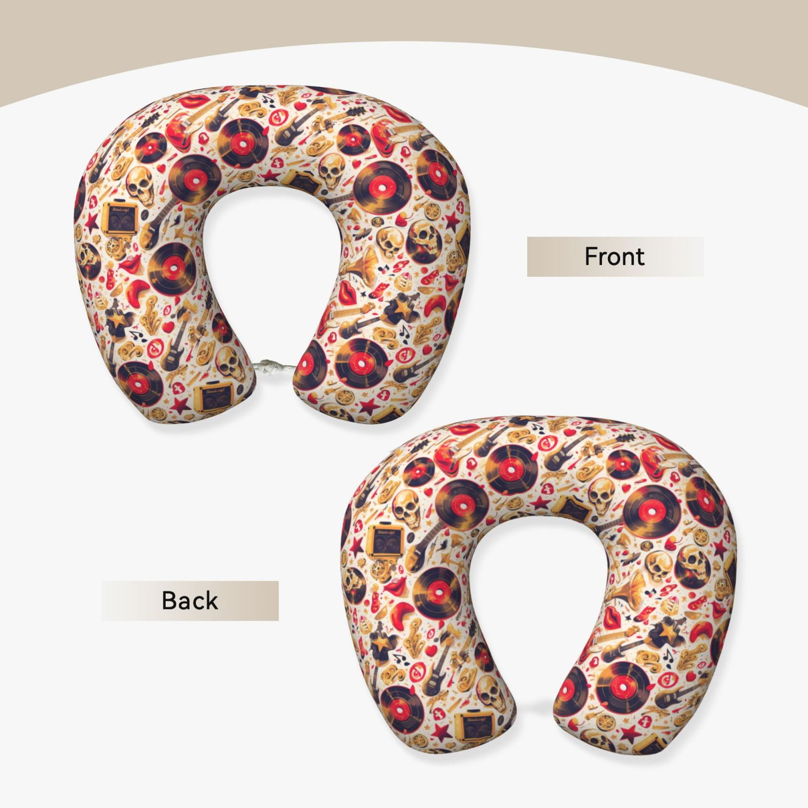 Xecao gold Skull Guitar record Print Memory Foam Cervical Neck Pillow Versatile U-Shaped Pillows for Home,Office,Camping,Travelling,Soft Washable Cover