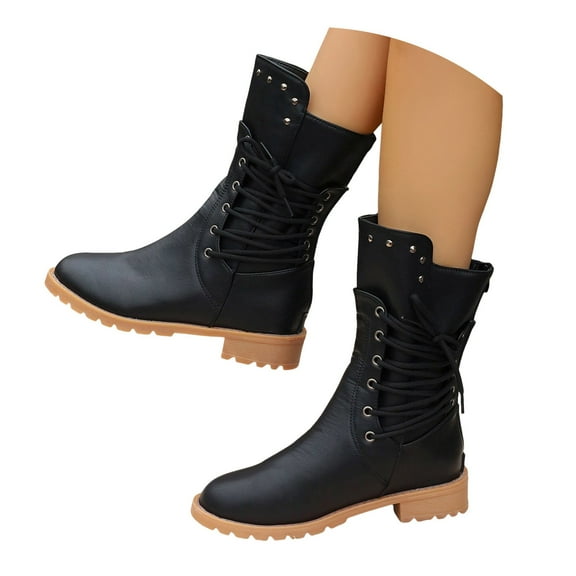 Oyedens Cowboy Boots for Women 2024 Winter Fall Vintage Side Strappy Western Mid Calf Combat Work Boots