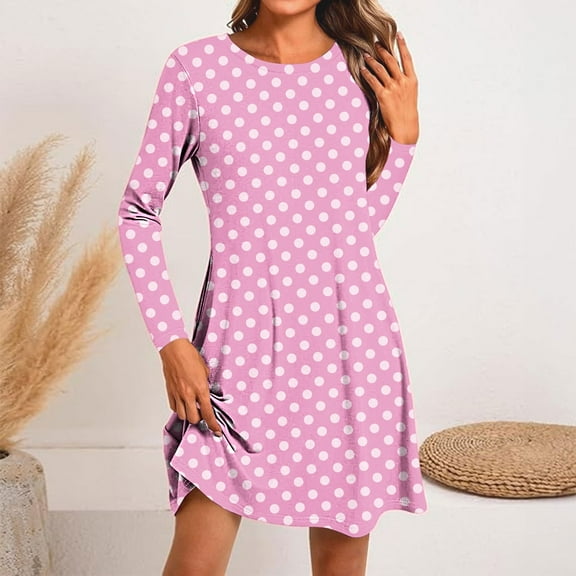 Dresses for Women Casual Women's Fashion Round-Neck Short Sleeved Printed Pullover Dress on Clearance Pink, S