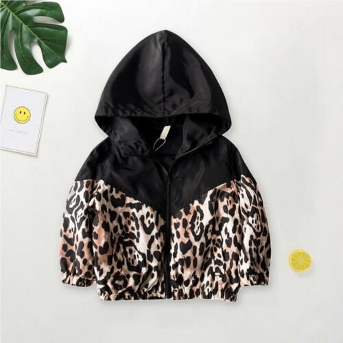 Mode Automne 1-7 Ans Veste pour Bébés Filles Imprimé Léopard Manches Longues avec Capuche et Fermeture Éclair