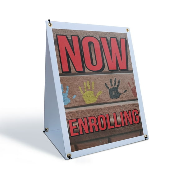 Now Enrolling Sidewalk Sign 18 Inch x 24 Inch A-Frame Images On Both Sides | School Promotions, Education Services, Clear Messaging | Made in USA