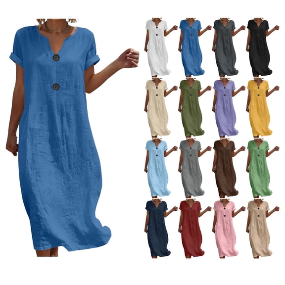 2026 Summer Dress for Women Cotton Linen V-Neck Short Sleeves Button Detail Loose Fit Midi Dress