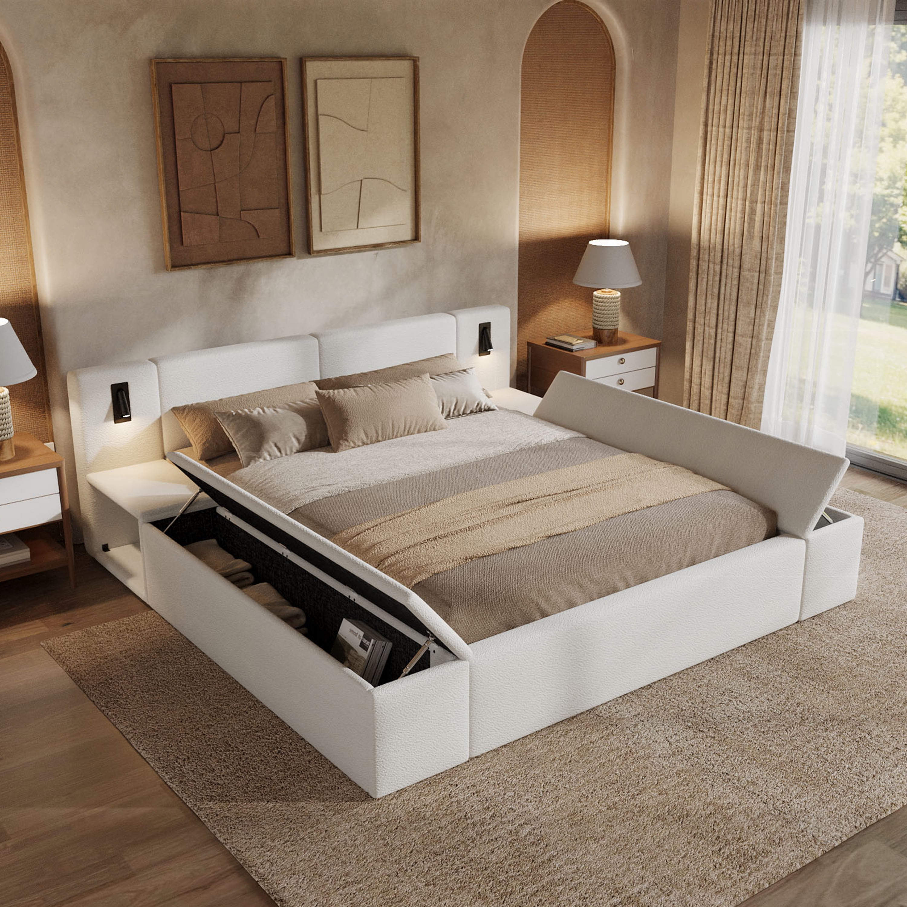 King Size Platform Bed w/ Hidden Storage, Built-in Nightstands, Reading Lights, No Box Spring Needed