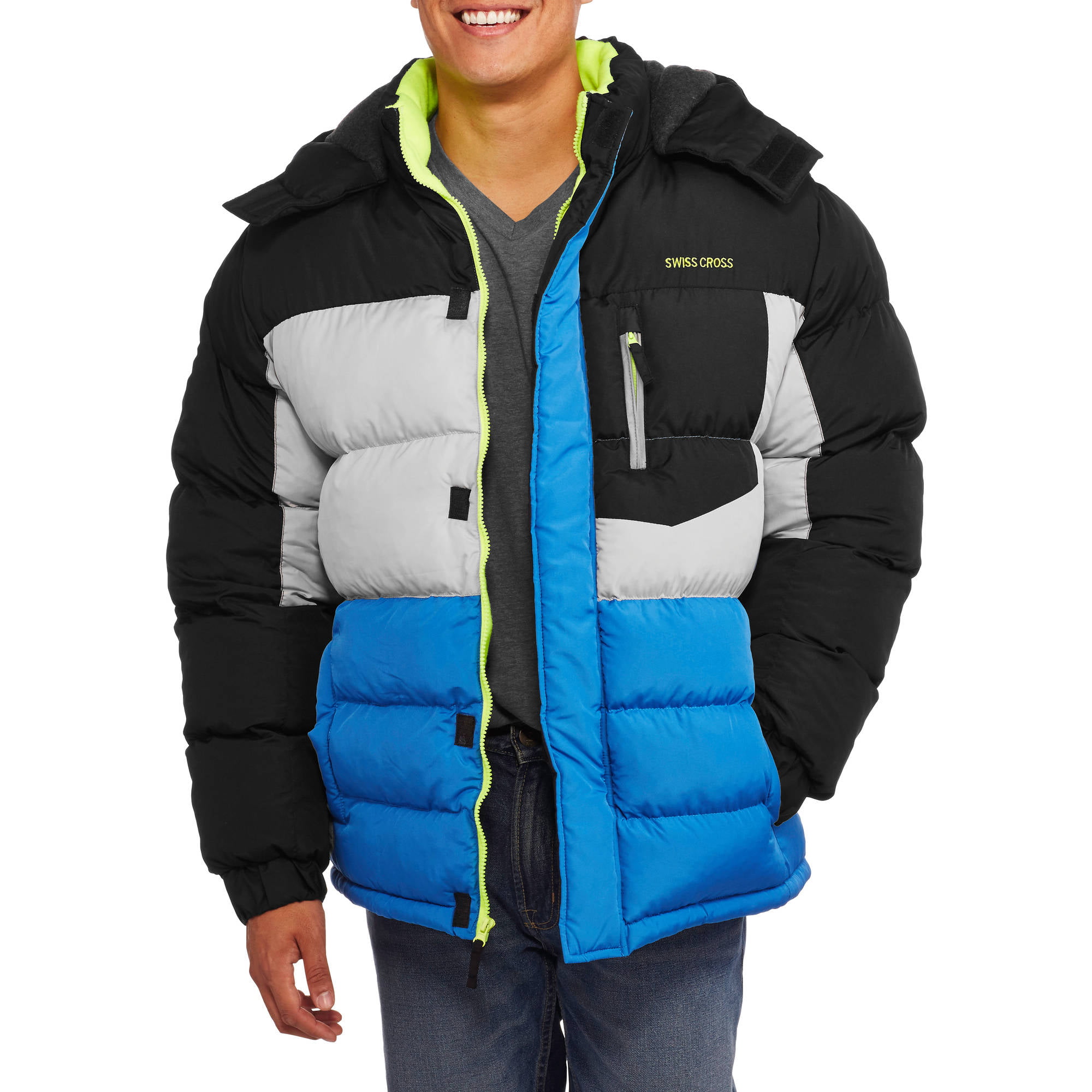 Men S Colorblock Bubble Jacket With Removable Hood