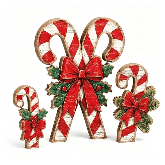 3 Piece Wooden Candy Cane Tabletop Decor Reusable Farmhouse Christmas Figures For Mantel Shelf Desk,Red-10X7X1Cm