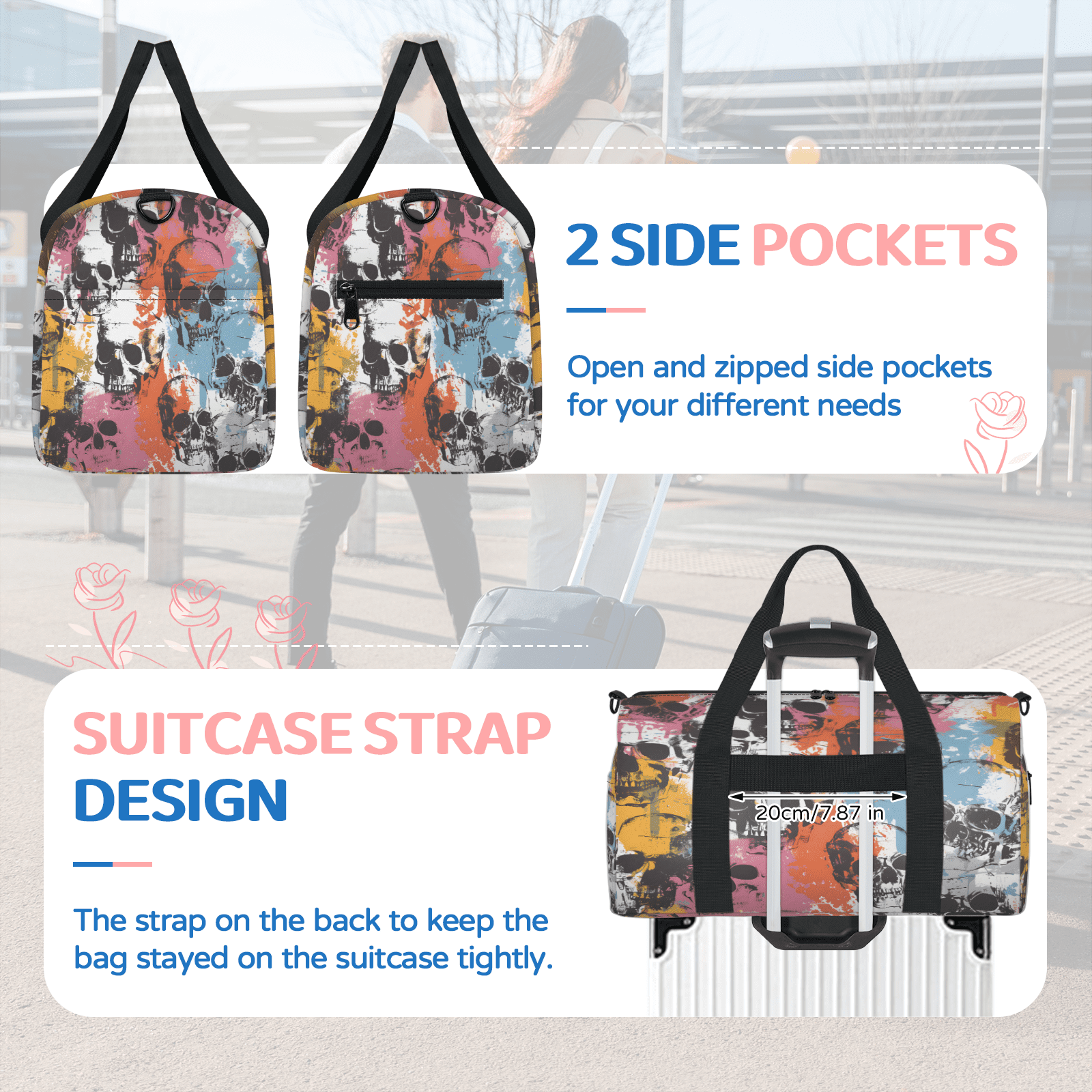 Herdesigns Color Skull Gothic Skeleton Gym Bag for Women, Duffle Bag for Travel Sport, Lightweight Waterproof Carry on Weekender Overnight Dance Yoga Workout Bags