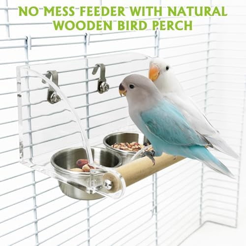 Bird Feeder for Cage with Double Stainless Steel Food & Water Bowls Anti-Slip Wood Perch Stand with No Mess Acrylic Seed Catcher for Parrot, Budgie, Parakeet, Lovebird, Canary, Finch (Hook)