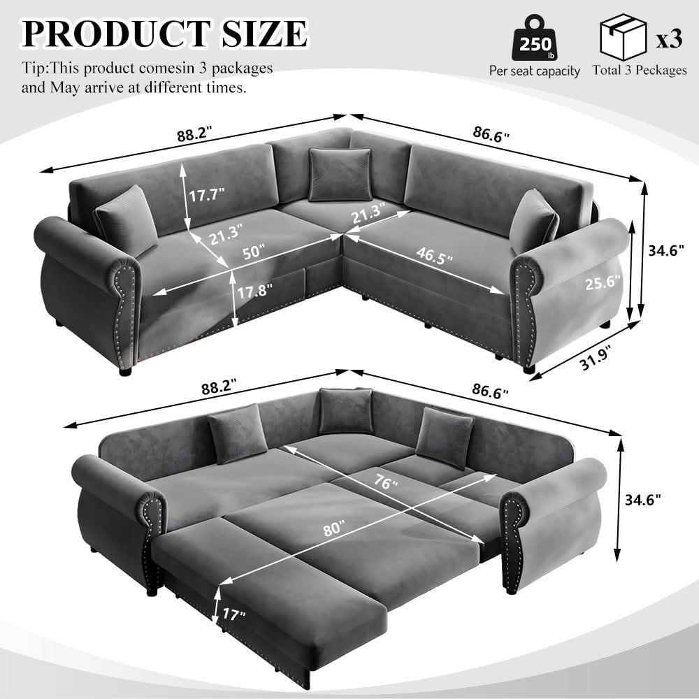 MAYEERTY 88.2" L‑Shaped Convertible Pull‑Out Sofa Bed, Chenille Sectional Couch with Nailhead Trim & Rolled Arms, Multifunctional Sleeper Sofa