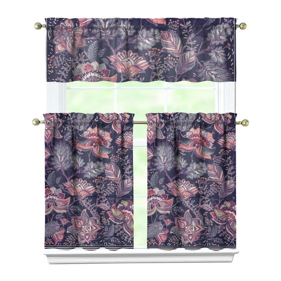 Bohemian Tier Kitchen Curtains Set of 3 - Artistic Chic Paisley Design, Semi-Sheer Caf Curtains with Valance (54x18 27.5x36x2), Rod Pocket Window Treatment Panels