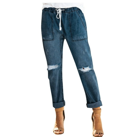 Outfmvch joggers for women Pull-On Distressed Denim Joggers Elastic Waist Stretch pants for women cargo pants